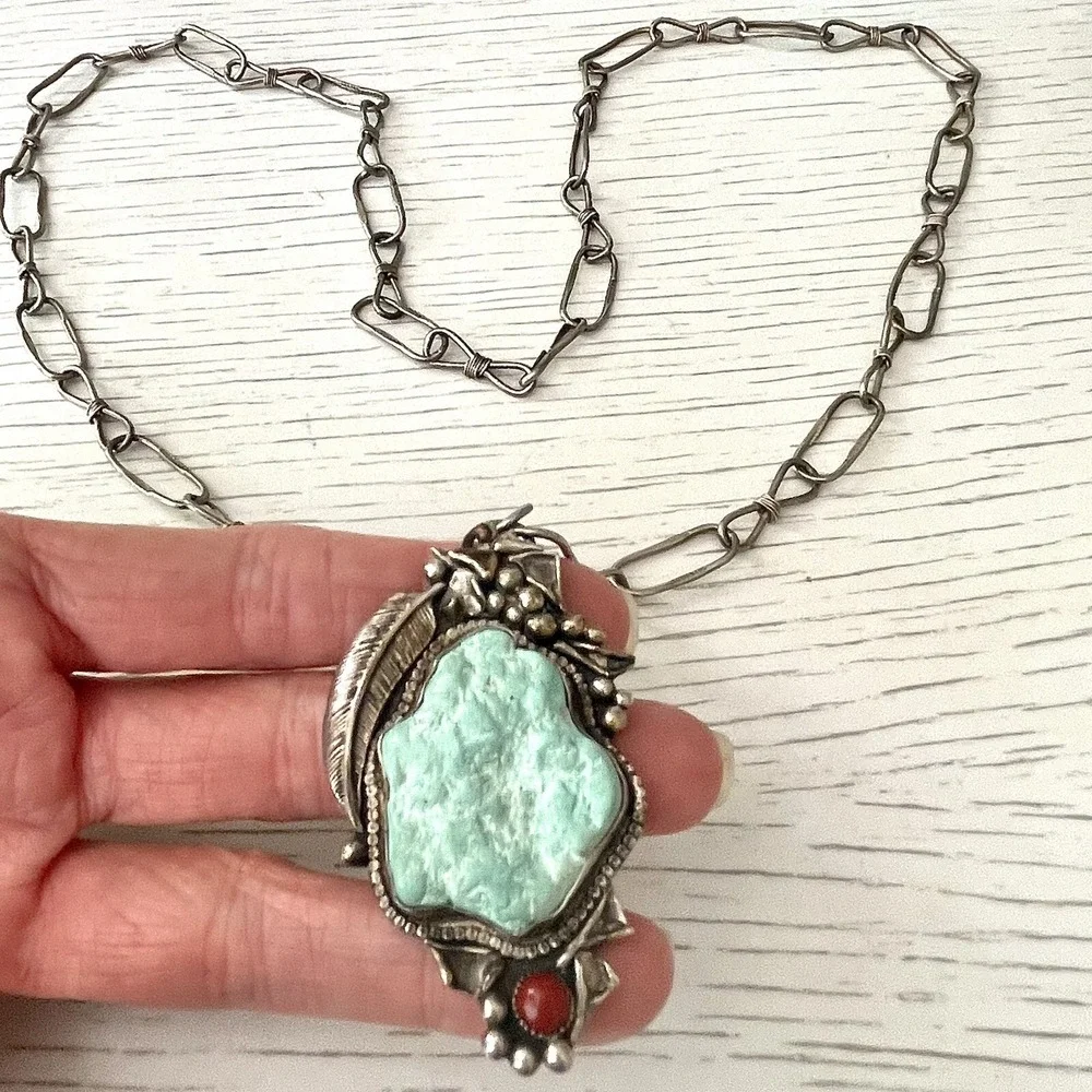 VTG Navajo Turquoise Pendant 2.5in Seafoam Nugget Paperclip Chain Necklace Old